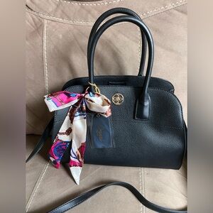 Crossi New York Black Leather Handbag with Scarf Accent/not detachable strap